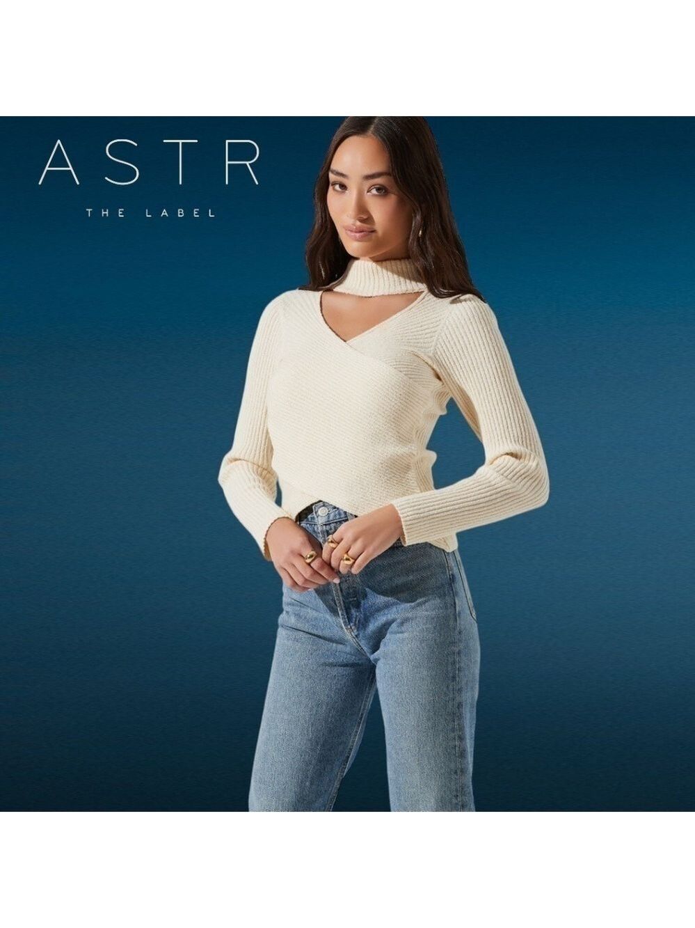 ASTR THE LABEL Mock Neck Cross Front Long Sleeve Sweater in Cream NWT/XL - Picture 3 of 14
